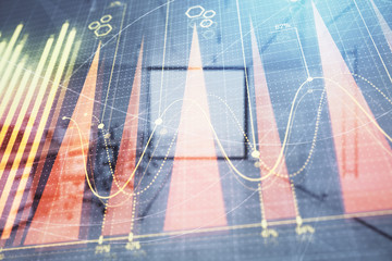 Stock market chart with trading desk bank office interior on background. Double exposure. Concept of financial analysis