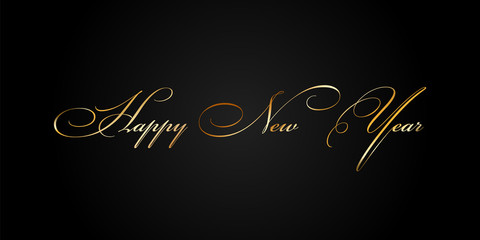 Happy New Year gold text decoration. Bright golden texture lettering with sparkle, isolated black background. Design typography for holiday, greeting card, Christmas celebration. Vector illustration
