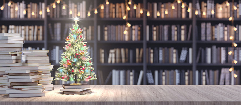 Decorated Christmas tree on Bookshelf in the library with old books, Holidays in Bookstore concept 3d render 3d illustration