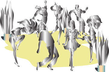 Fototapeta na wymiar People dancing at club, set of characters, flat vector illustration, metallic gradient