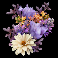 Floral arrangement, bouquet of garden flowers. Purple tulip, dahlia, hyacinth isolated on black...