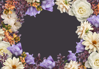 Floral banner, cover or header with purple tulip, dahlia, hyacinth, white roses isolated on dark background. Natural flowers wallpaper or greeting card with copy space.