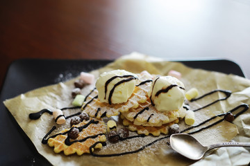 Viennese waffles with filling. Coffee table. A set of fragrant cookies for breakfast for the holiday.