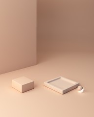 Minimal scene with podium and abstract background. Geometric shapes. Pastel colors scene. Minimal 3d box. Scene with geometrical forms and textured background for cosmetic product. 3d render. 