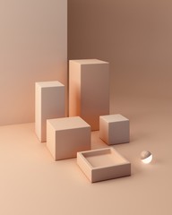 Minimal scene with podium and abstract background. Geometric shapes. Pastel colors scene. Minimal 3d box. Scene with geometrical forms and textured background for cosmetic product. 3d render. 