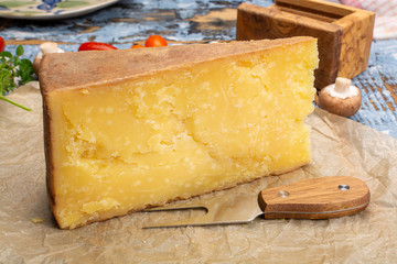 Cheese collection, aged Maniva cheese from Alpine valleys near Mount Maniva, North Italy