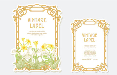Narcissus, lily of the valley. Set of two labels. Good for product label. with place for text. Vector illustration. In art nouveau style, vintage, old, retro style. Isolated on white background..
