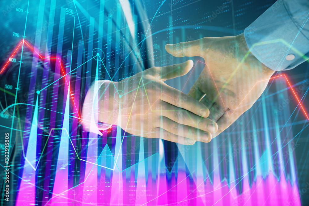 Poster multi exposure of forex graph on abstract background with two businessmen handshake. concept of succ