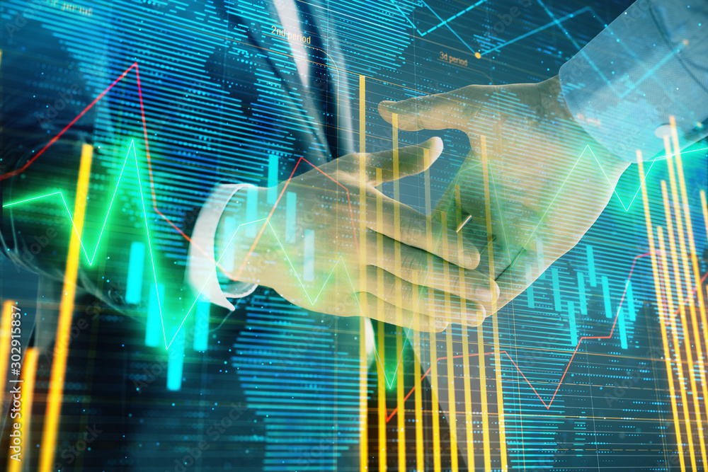 Aufkleber multi exposure of forex graph and world map on abstract background with two businessmen handshake. c