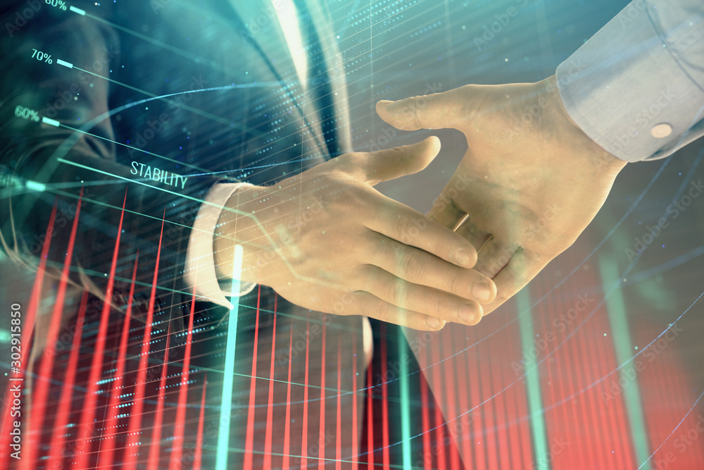Poster multi exposure of forex graph on abstract background with two businessmen handshake. concept of succ
