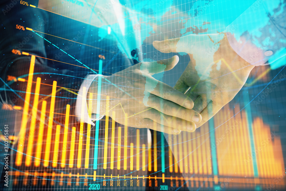 Aufkleber multi exposure of forex graph and world map on abstract background with two businessmen handshake. c