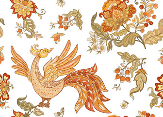 Obraz premium Fantasy floral seamless pattern in jacobean embroidery style, vintage, old, retro style. Vector illustration in soft orange and green colors Isolated on white background.