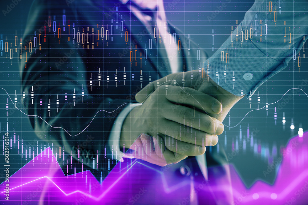Aufkleber multi exposure of forex graph on abstract background with two businessmen handshake. concept of succ