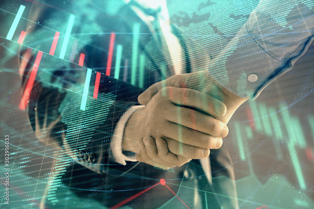 Aufkleber multi exposure of forex graph and world map on abstract background with two businessmen handshake. c