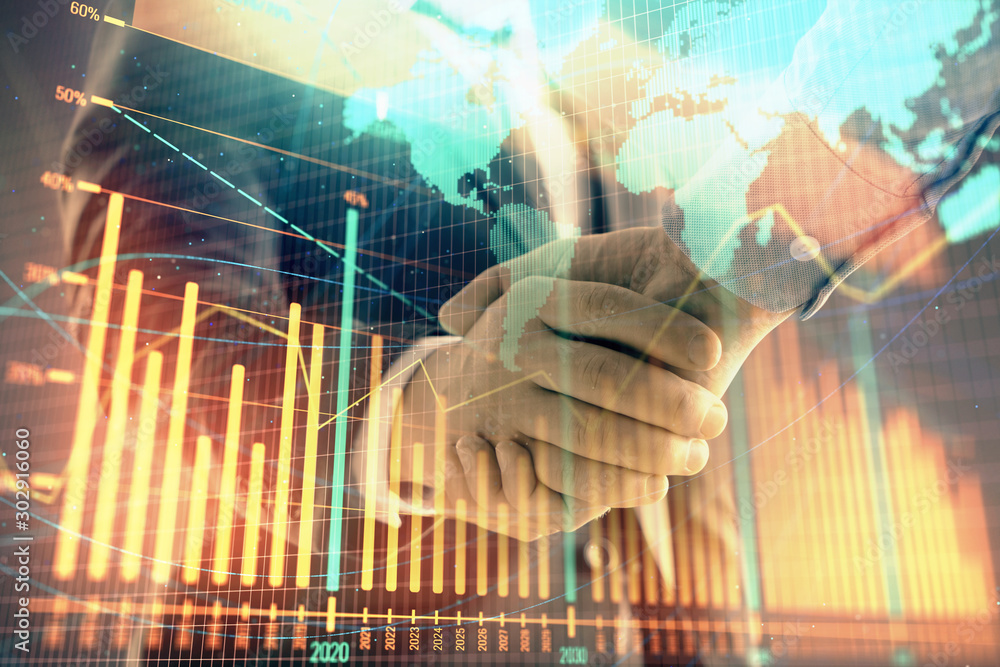 Aufkleber multi exposure of forex graph and world map on abstract background with two businessmen handshake. c