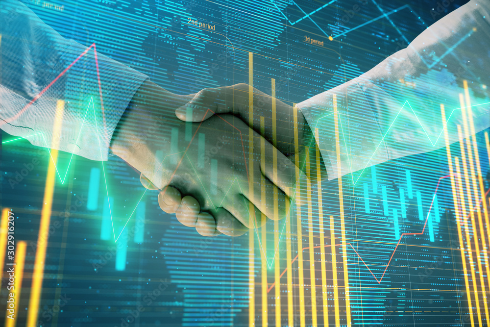 Aufkleber multi exposure of forex graph and world map on abstract background with two businessmen handshake. c