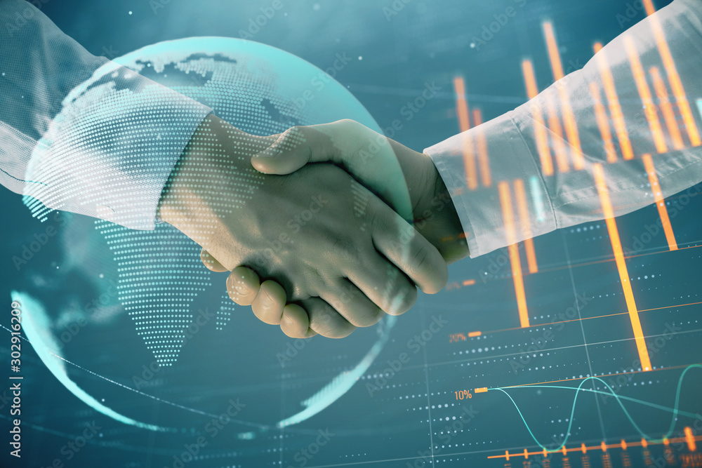 Aufkleber multi exposure of forex graph and world map on abstract background with two businessmen handshake. c