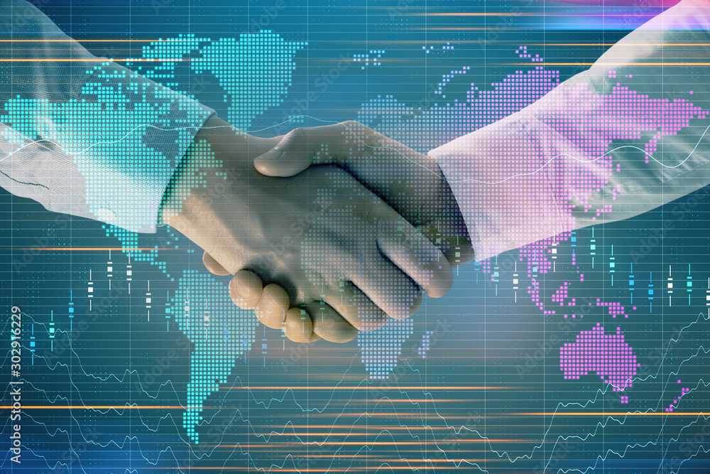Poster multi exposure of forex graph and world map on abstract background with two businessmen handshake. c