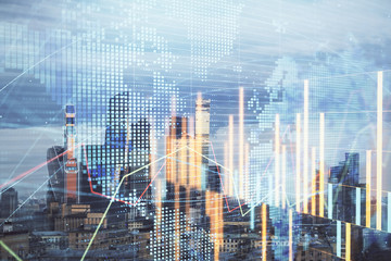 Double exposure of financial graph and world map on city veiw background. Concept of financial market research and analysis