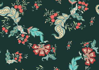 Fantasy floral seamless pattern in jacobean embroidery imitation, vintage, old, retro style. Vector illustration in soft coral and turquoise colors.