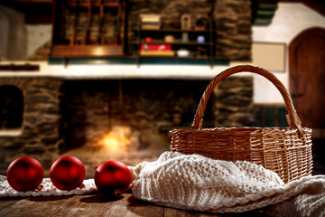 Obraz premium wood, fireplace, holiday, decoration, christmas, winter, interior, home, celebration, cozy, basket, season, tree, house, room, nobody, background, warm, festive, fire, traditional, year, vintage, new,
