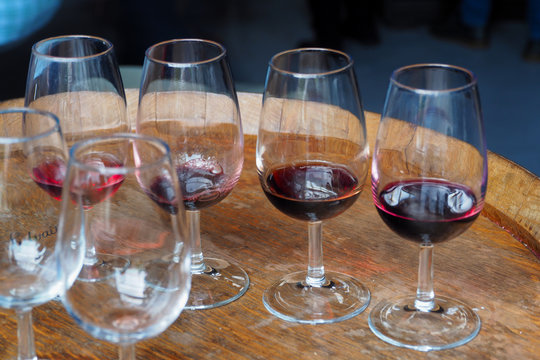 Red Wine, Port In A Glass On A Barrel. Wine Tasting, Restaurant