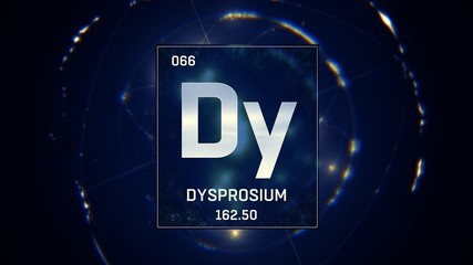 3D illustration of Dysprosium as Element 66 of the Periodic Table. Blue illuminated atom design background with orbiting electrons. Design shows name, atomic weight and element number