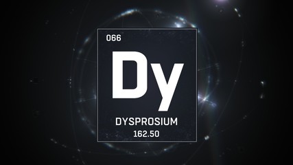 3D illustration of Dysprosium as Element 66 of the Periodic Table. Silver illuminated atom design background with orbiting electrons. Design shows name, atomic weight and element number