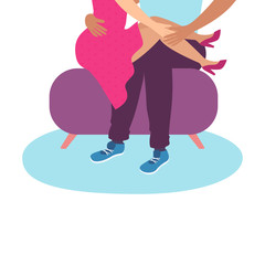 Illustration of a couple in love girlfriend in a pink dress and a boyfriend cuddling on a ottoman over his shoulders.the girl put her legs on the boy knees.to valentine's day.for design cards.vector