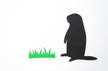 Groundhog day. Black groundhog silhouette and green grass cut from paper on white background. Space for text