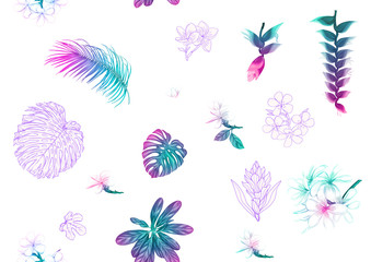 Tropical plants and flowers. Seamless pattern, background. Colored and outline design. Vector illustration in neon, fluorescent colors. Isolated on white background..