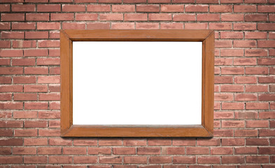 blank brown wooden picture frame on brick wall background