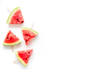 Popsicle from fresh watermelon on white background top view space for text