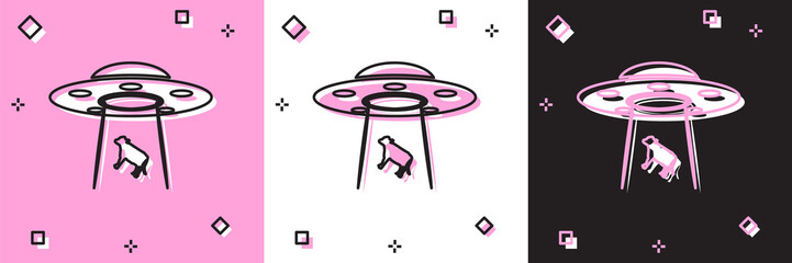 Set UFO abducts cow icon isolated on pink and white, black background. Flying saucer. Alien space ship. Futuristic unknown flying object. Vector Illustration © vector_v