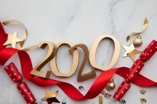 Happy New Year 2020 Gold Numbers With Festive Red Ribbon