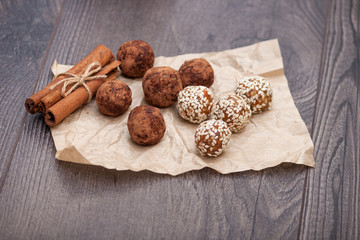 Healthy natural candies and sweets made from natural ingredients, handmade energy ball with nuts and dried fruits.