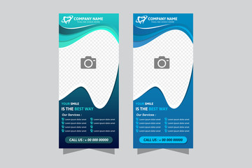 Dental care, dentist and tooth vertical banner with medical instruments and tooth for photo in blue and green color background. Dental treatment and hygiene concept