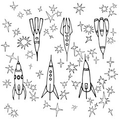 simple space rockets arranged in a row between stars, black contour lines, vector illustration isolated on white background in hand drawn style
