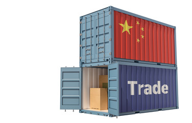 Fototapeta premium Freight container with China flag. Isolated on white - 3D Rendering