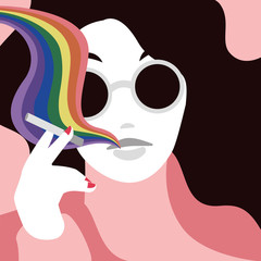 Woman smoking a-cigarette: steam like rainbow, no smoke concept, fight against cancer, healthy lungs 