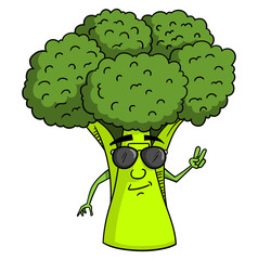 Cartoon style illustration of a cool broccoli character showing the peace sign while wearing sunglasses.