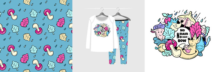 Seamless pattern and illustration for kid with forest creatures, text No rain No rainbow