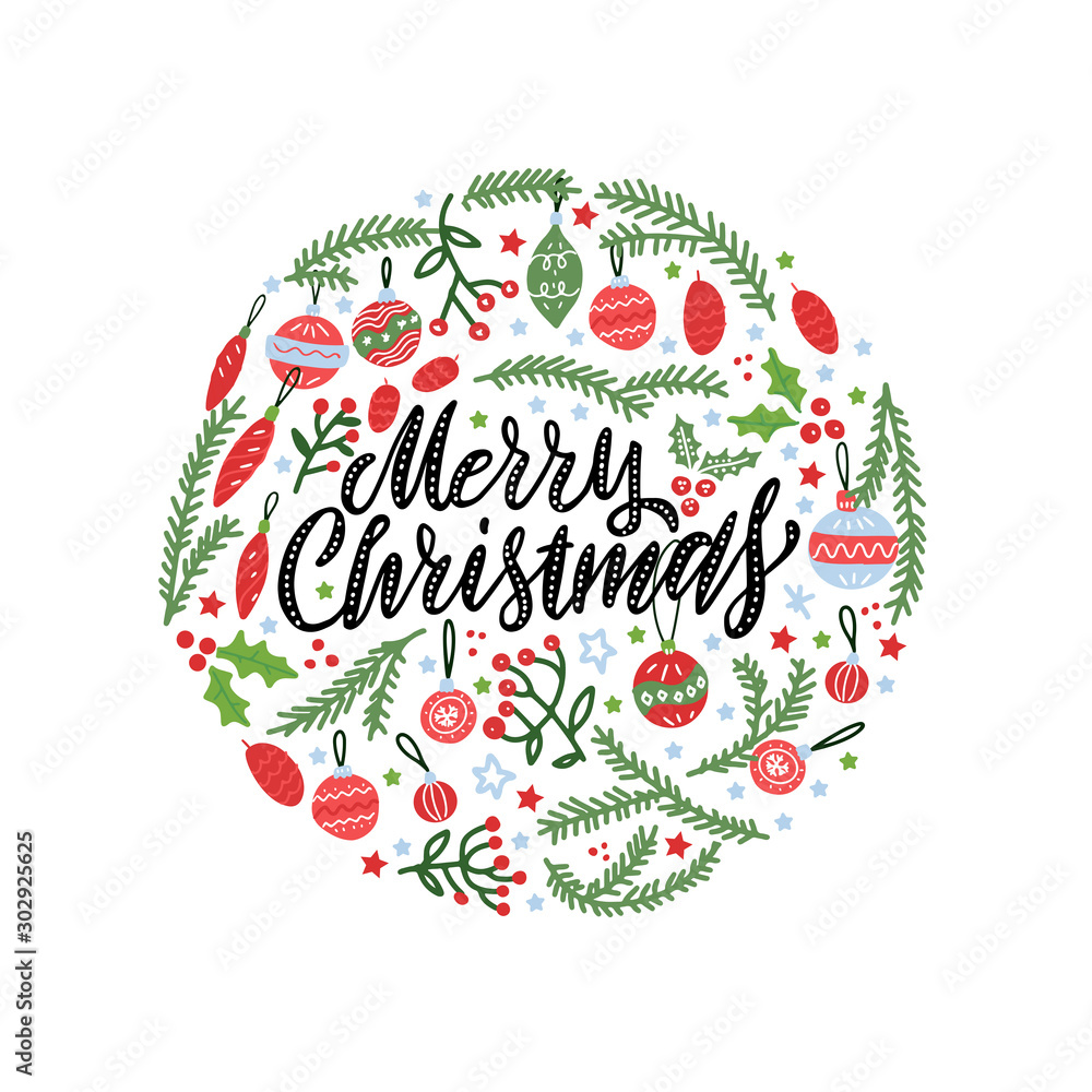 Poster christmas background of circular shape with pine tree branches and xmas balls. handwritten text merr