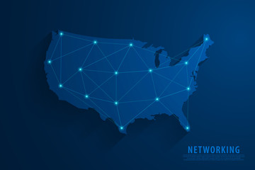 Network connection background, blue USA map, vector