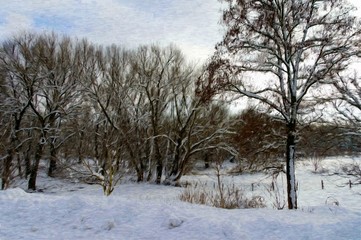 Oil paintings landscape, winter in forest. Fine art, trees in winter