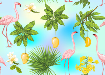 Fototapeta na wymiar Seamless pattern, background with tropical plants, flowers and birds. Colored vector illustration. In light ultra violet pastel colors on mesh pink, blue background