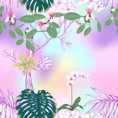 Tropical plants and white orchid flowers. Seamless pattern, background. Colored vector illustration. In light ultra violet pastel colors on mesh pink, blue background
