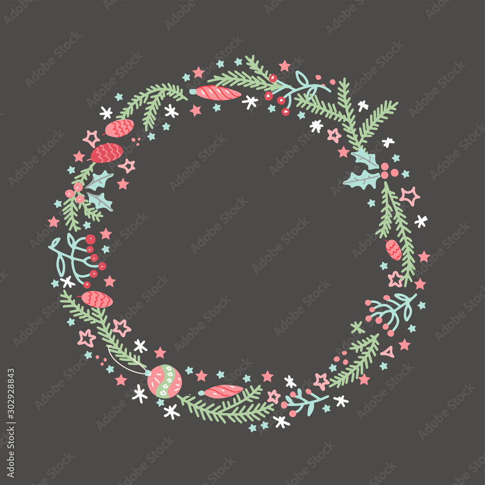 Poster hand drawn wreath with red berries and fir branches. round frame for christmas cards and winter desi