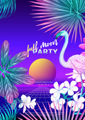 ..Retro Futurism. Vector futuristic synth wave illustration. Rave party Flyer design template, background with tropical plants in 1980s style. 80s Retro poster, retrowave