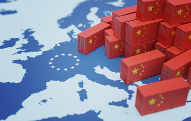 Chinese cargo containers on map of Europe. Import of chenese goods concept. 3D rendered illustration. © vchalup